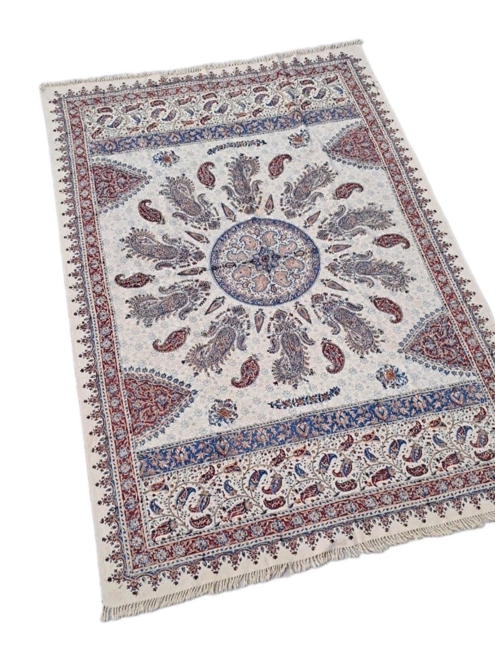 Vintage Persian Ghalamkar Tablecloth Hand Block Print Cotton Isfahan Ebadi 51x76